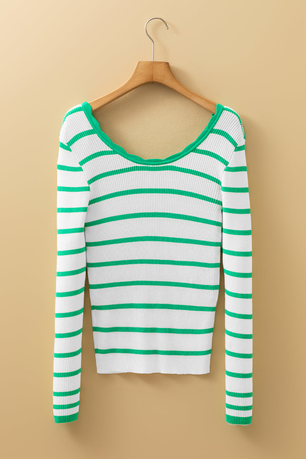 Bright Green Scalloped Trim U Neck Striped Ribbed Slim Sweater Sweaters JT's Designer Fashion