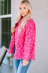 Pink Leopard Print Button Cuffs Raw Hem Jacket Denim Jackets JT's Designer Fashion