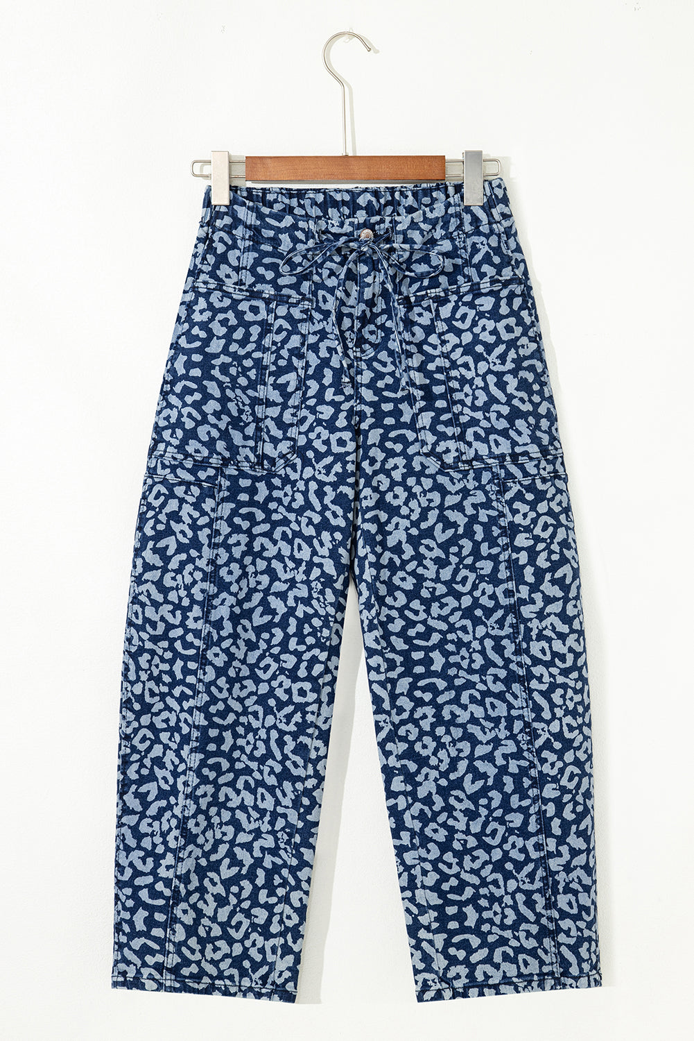 Blue Leopard Printed Drawstring Elastic Waistband Pocketed Wide Leg Jeans Jeans JT's Designer Fashion