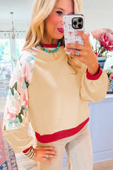 Beige Bowknot Printed Patchwork Raglan Sleeve Colorblock Edge Top Long Sleeve Tops JT's Designer Fashion