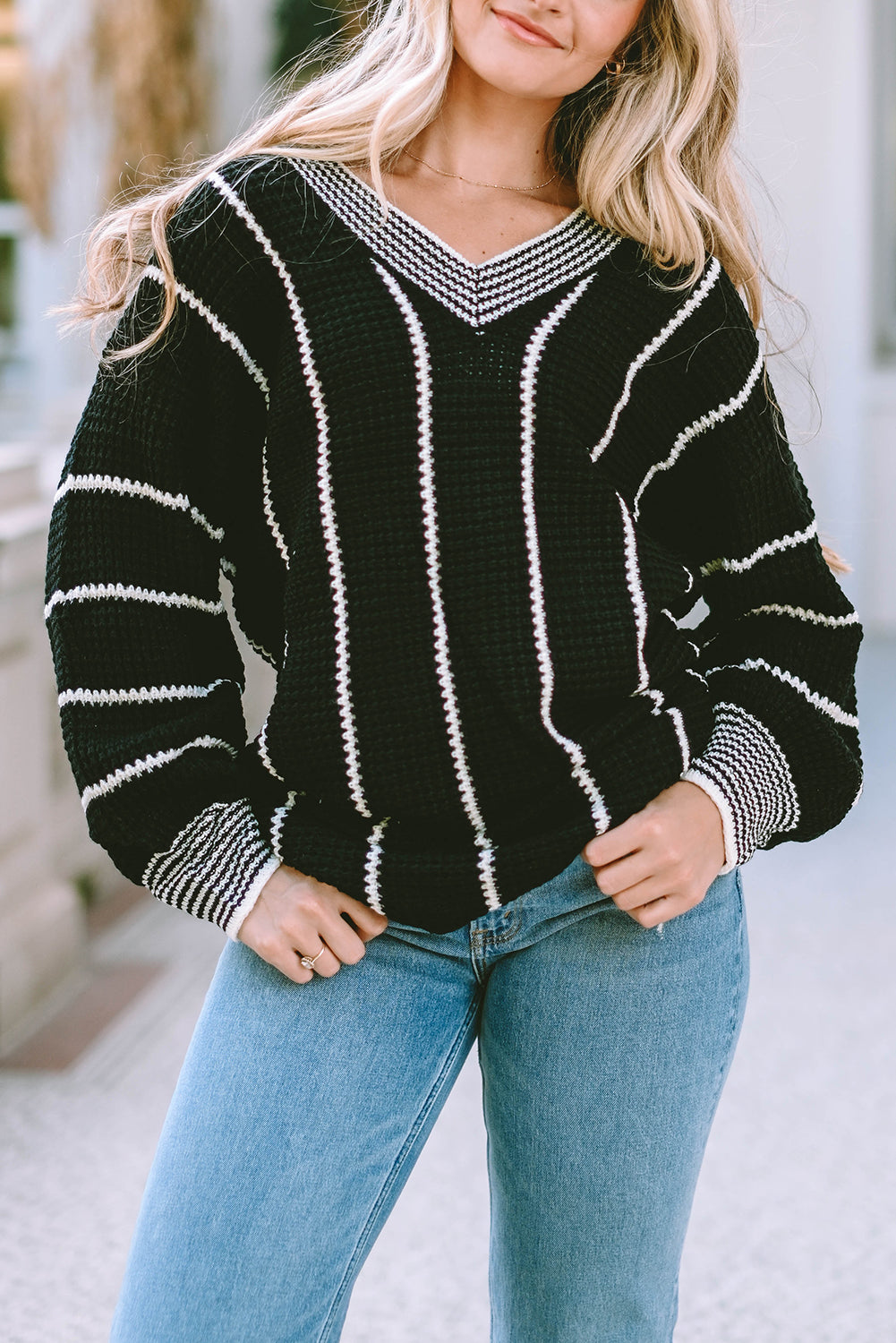 Black Colorblock Striped V Neck Knitted Loose Sweater Sweaters JT's Designer Fashion