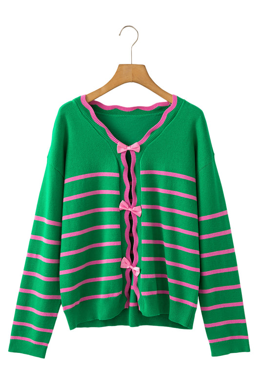 Green Stripe Ribbon Cute Bow Detail Sweater Knit Cardigan Cardigans JT's Designer Fashion