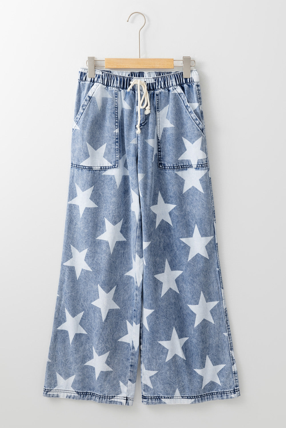 Light Blue Star Print Light Wash Drawstring Elastic Waistband Wide Leg Jeans Jeans JT's Designer Fashion