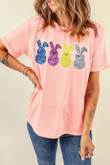 Pink Sequin Cute Bunny Graphic Easter Fashion Tee Graphic Tees JT's Designer Fashion