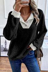 Black Color Contrast Ribbed Loose Fit Long Sleeve Top Long Sleeve Tops JT's Designer Fashion