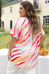 White Abstract Print Short Sleeve Notched Neck Plus Size Top Plus Size JT's Designer Fashion