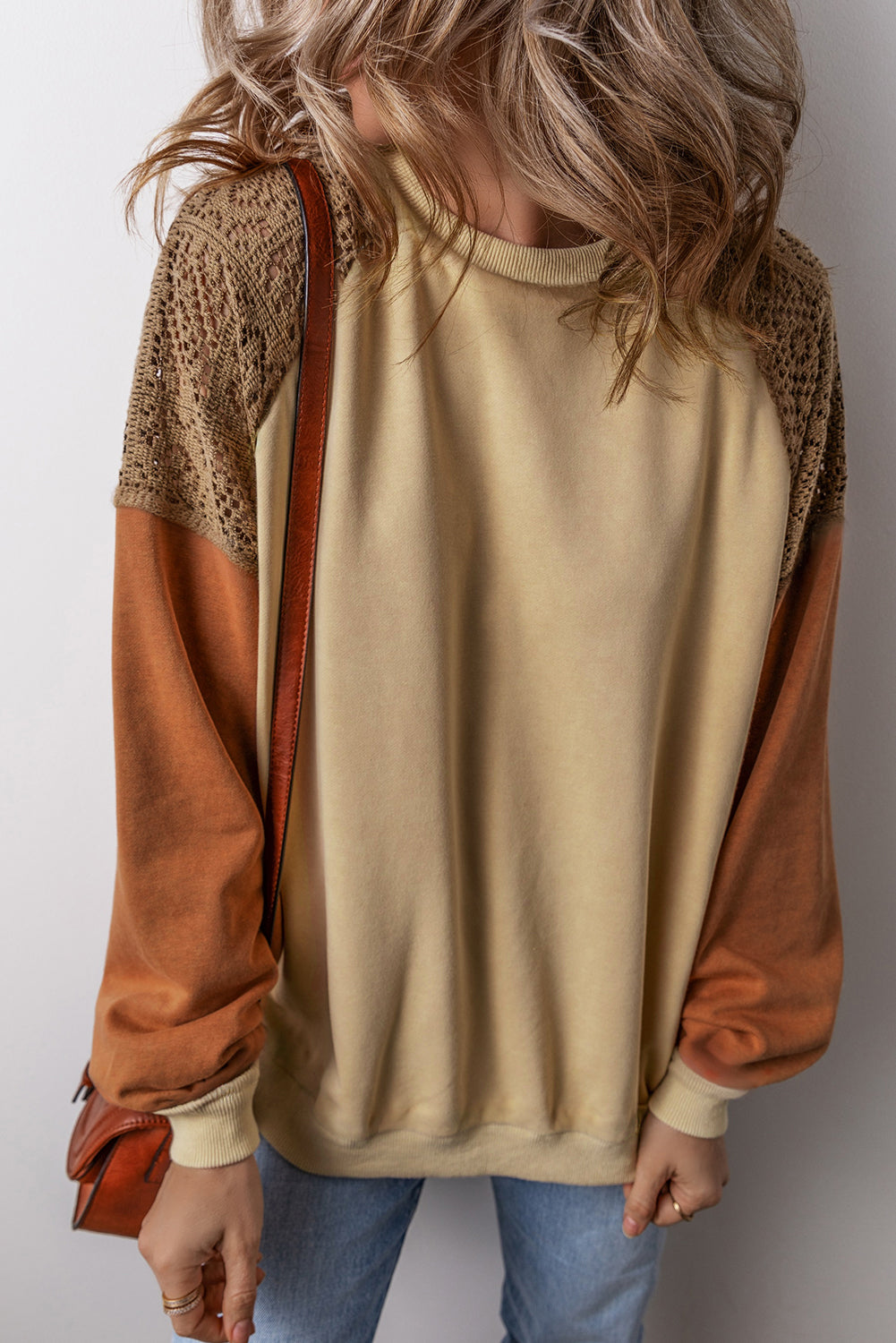 Khaki Lace Patchwork Colorblock Drop Shoulder Sweatshirt Sweatshirts & Hoodies JT's Designer Fashion