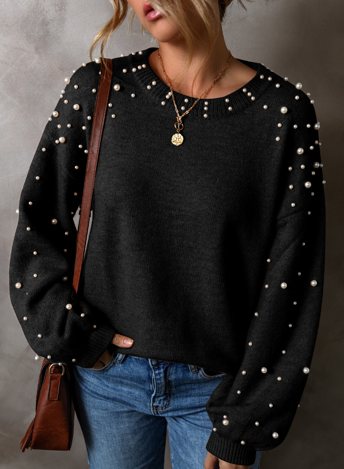 Black Pearled Drop Shoulder Round Neck Sweater Black 50%Viscose+28%Polyester+22%Polyamide Sweaters JT's Designer Fashion