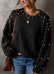 Black Pearled Drop Shoulder Round Neck Sweater Black 50%Viscose+28%Polyester+22%Polyamide Sweaters JT's Designer Fashion