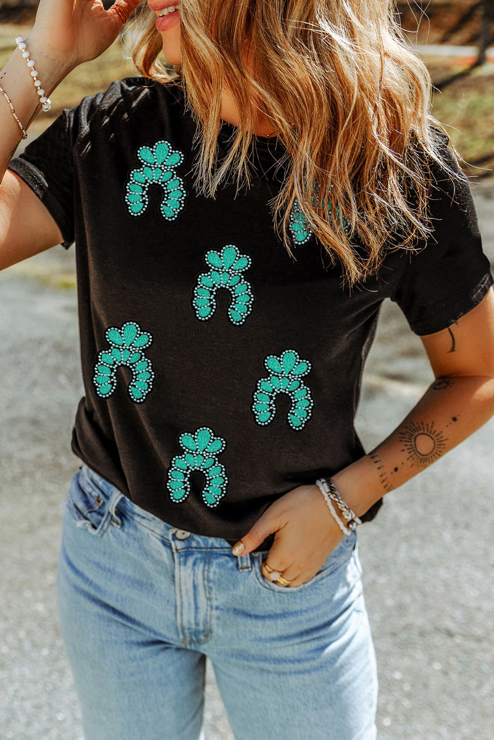 Black Western Turquoise Pattern Sequin Patched T Shirt Graphic Tees JT's Designer Fashion
