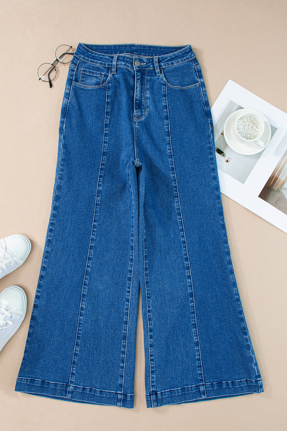 Dark Blue Plain Seam Detail Flared Bottom Ankle Length Jeans Jeans JT's Designer Fashion