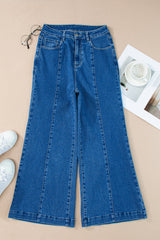 Dark Blue Plain Seam Detail Flared Bottom Ankle Length Jeans Jeans JT's Designer Fashion