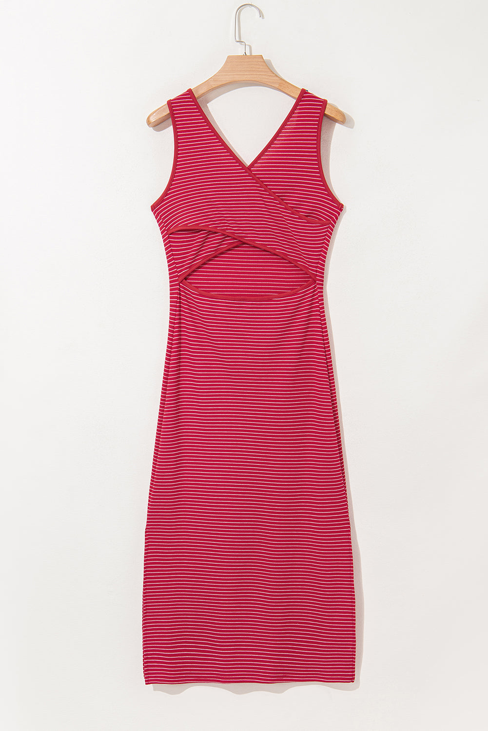 Red Stripe Criss Cross Side Slits Slim Fit Sleeveless Midi Dress Midi Dresses JT's Designer Fashion