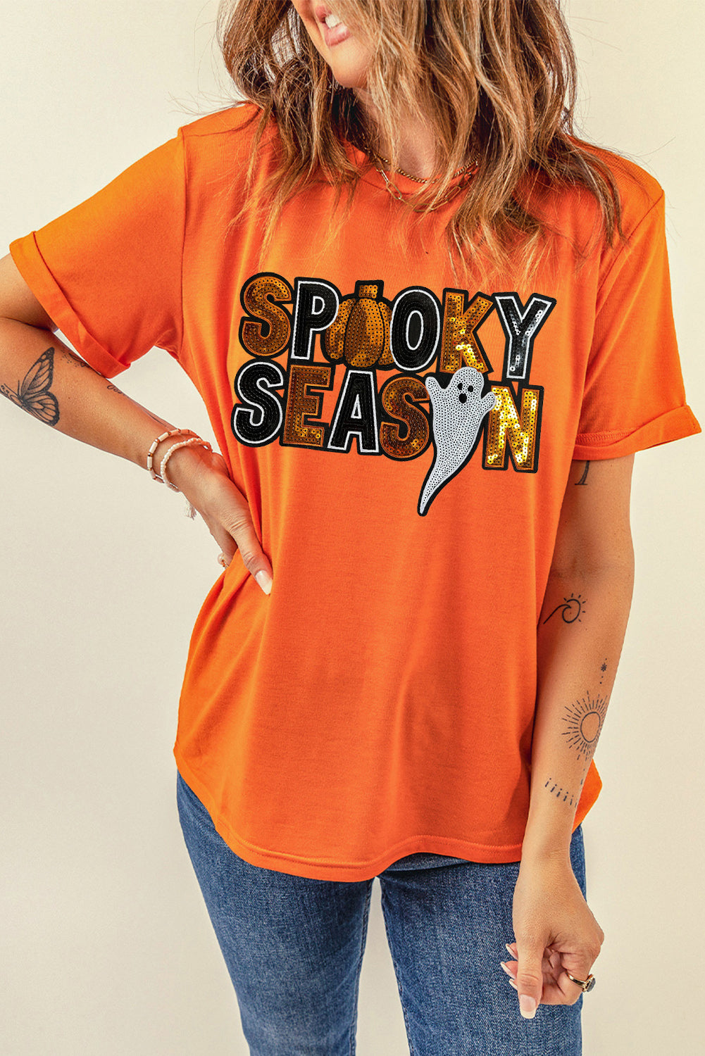 Orange Sequin SPOOKY SEASON Ghost Pattern Halloween T Shirt Graphic Tees JT's Designer Fashion