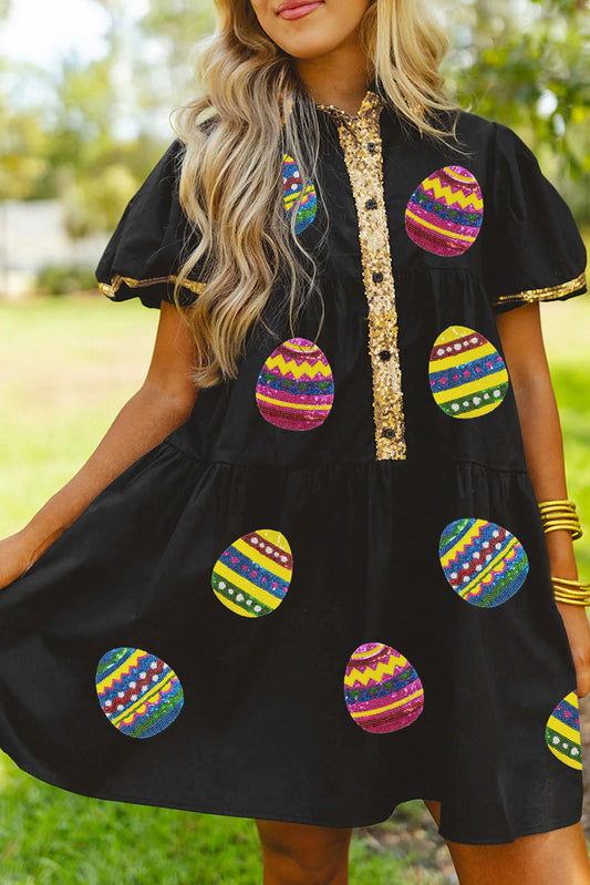 Black Glistening Easter Egg Sequin Trim Half Button Puff Sleeve Dress Graphic Dresses JT's Designer Fashion