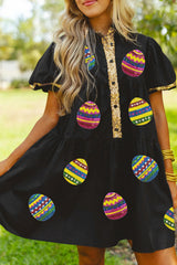 Black Glistening Easter Egg Sequin Trim Half Button Puff Sleeve Dress Graphic Dresses JT's Designer Fashion