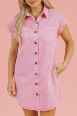 Pink Short Sleeve Double Chest Pocket Denim Shirt Dress Mini Dresses JT's Designer Fashion