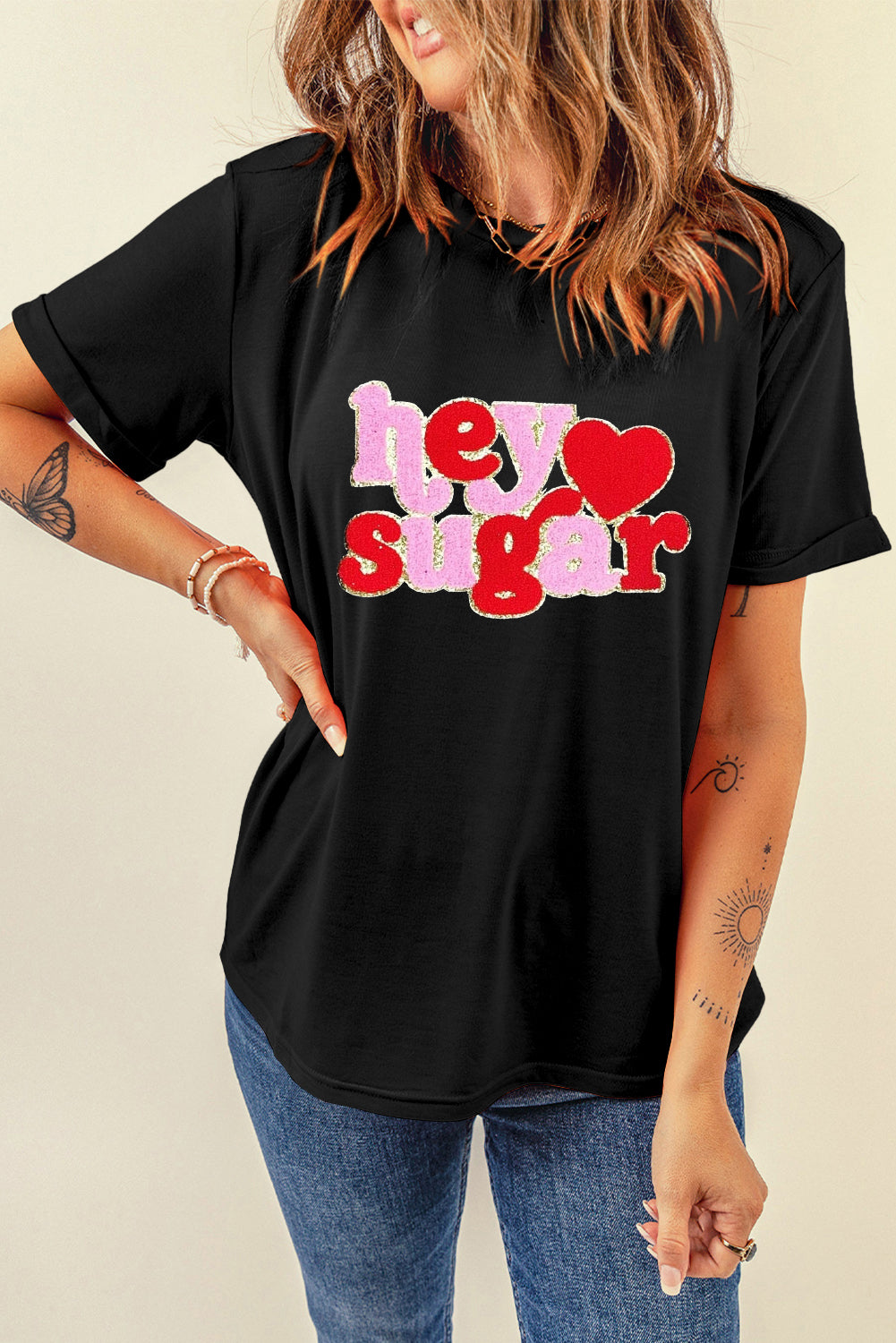 Black Chenille Heart hey sugar Patched Crewneck Valentines Tee Graphic Tees JT's Designer Fashion