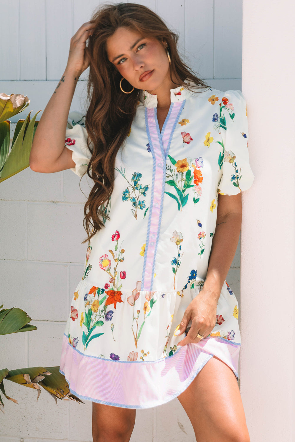 White Floral Print Contrast Striped Patchwork Short Puff Sleeve Dress Floral Dresses JT's Designer Fashion