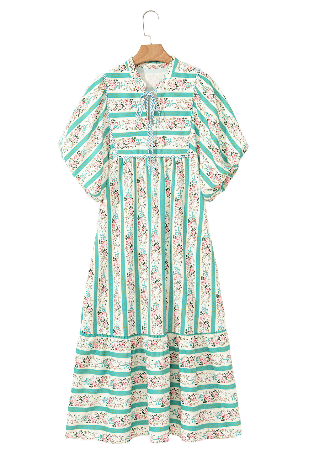 Multicolour Striped Floral Print Tie Split Neck Puff Sleeve Midi Dress Floral Dresses JT's Designer Fashion