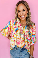 Orange Abstract Printed Shirred Bubble Half Sleeve V Neck Blouse Blouses & Shirts JT's Designer Fashion