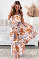 Orange Multi Printed Ricrac Trim Spaghetti Straps Long Dress Maxi Dresses JT's Designer Fashion