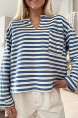 Sky Blue Stripe Chest Pocket Buttoned Back Notched V Neck Top Long Sleeve Tops JT's Designer Fashion