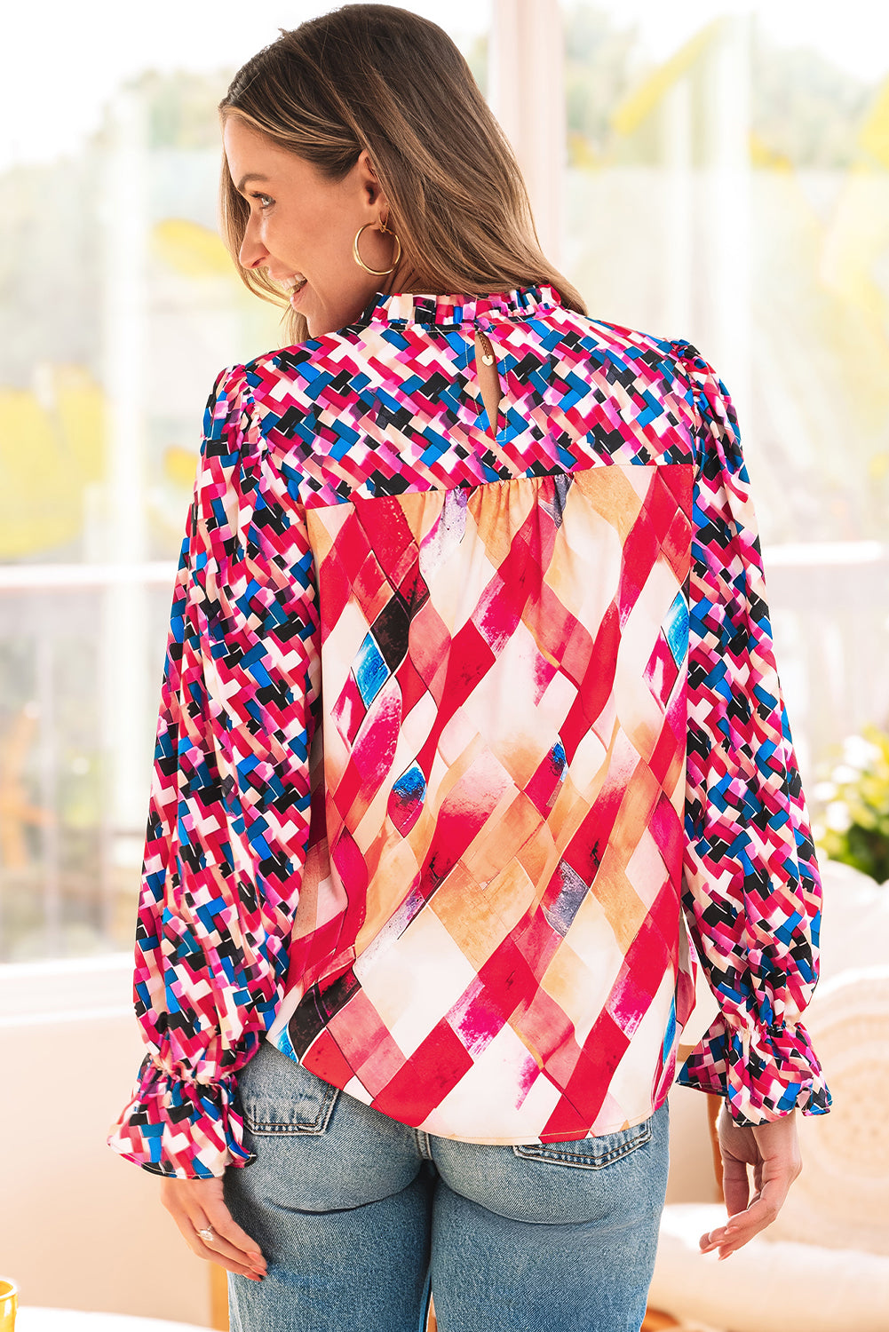Rose Red Abstract Geometric Pattern Patchwork Puff Sleeve Blouse Blouses & Shirts JT's Designer Fashion