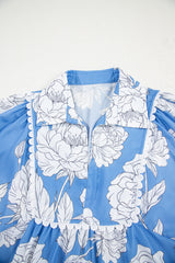 Sky Blue Floral Ricrac Trim Collared Puff Sleeve Loose Blouse Blouses & Shirts JT's Designer Fashion