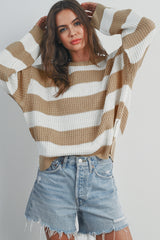 Light French Beige Colorblock Striped Drop Shoulder Side Slit Sweater Sweaters JT's Designer Fashion