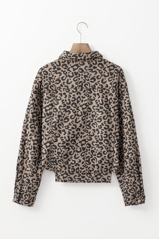 Dark Khaki Leopard Print Corduroy Irregular Hem Buttoned Jacket Jackets JT's Designer Fashion