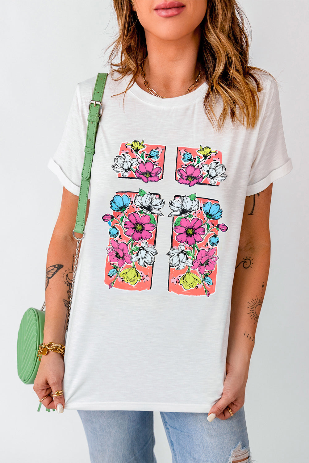 White Floral Crossed Graphic Easter Round Neck T Shirt Graphic Tees JT's Designer Fashion