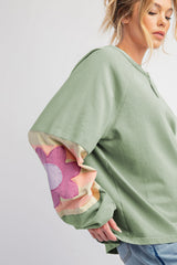 Smoke Green Flower Patchwork Raglan Sleeve Exposed Seam Oversized Top Long Sleeve Tops JT's Designer Fashion