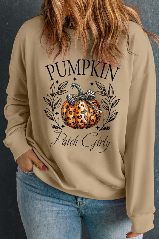 Apricot Halloween Leopard Pumpkin Print Plus Size Sweatshirt Apricot 50%Polyester+50%Cotton Graphic Plus Size JT's Designer Fashion
