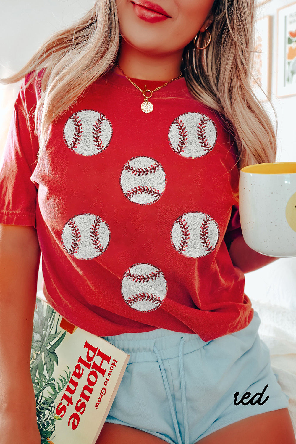 Red Glittering Rugby Pattern Crew Neck Game Day T Shirt Graphic Tees JT's Designer Fashion