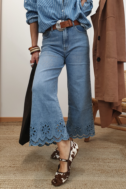 Dusk Blue Embroidered Cropped Wide Leg High Waist Jeans Jeans JT's Designer Fashion