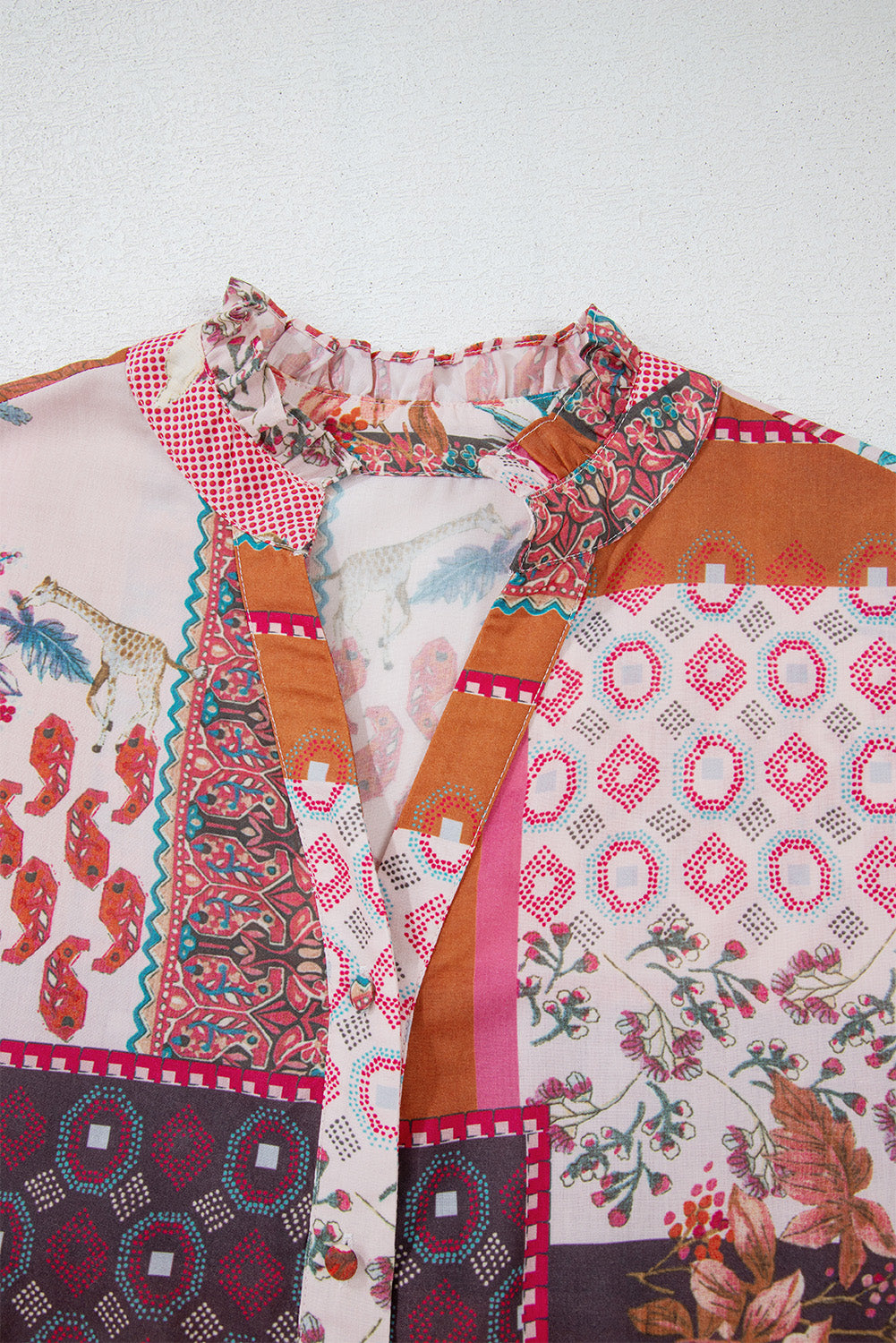Red Boho Geometric Mixed Print Patchwork Bubble Sleeve Shirt Blouses & Shirts JT's Designer Fashion