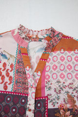 Red Boho Geometric Mixed Print Patchwork Bubble Sleeve Shirt Blouses & Shirts JT's Designer Fashion