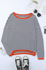 Contrast Trimmed Striped Drop Shoulder Sweater Sweaters & Cardigans JT's Designer Fashion