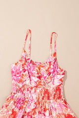 Red Floral Spaghetti Strap Surplice Neck Shirred Waist Mini Dress Floral Dresses JT's Designer Fashion