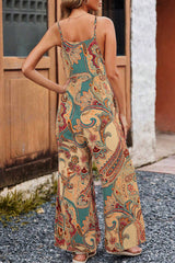 Red Paisley Printed Spaghetti Straps Elegant Wide Leg Jumpsuit Jumpsuits & Rompers JT's Designer Fashion