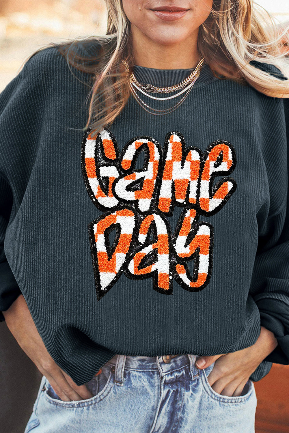 Dark Grey Chenille Checkered Game Day Graphic Drop Shoulder Corded Sweatshirt Dark Grey 100%Polyester Graphic Sweatshirts JT's Designer Fashion