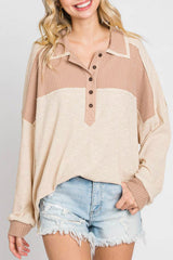 Apricot Oversized Knit Top With Waffle Contrast Long Sleeve Tops JT's Designer Fashion