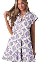 Sky Blue Printed Shirt Collar Half Button A-line Mini Dress Dresses JT's Designer Fashion