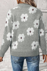 Gray Floral Pattern Half Zip Drop Shoulder Sweater Sweaters JT's Designer Fashion