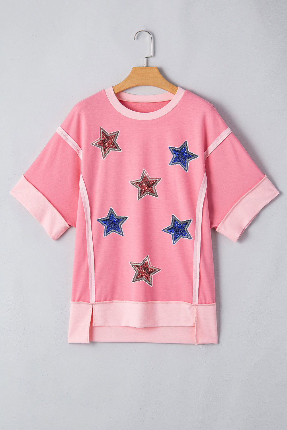 Peach Blossom Independence Day Sequin Star Graphic Contrast Patchwork Tee Graphic Tees JT's Designer Fashion
