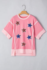 Peach Blossom Independence Day Sequin Star Graphic Contrast Patchwork Tee Graphic Tees JT's Designer Fashion
