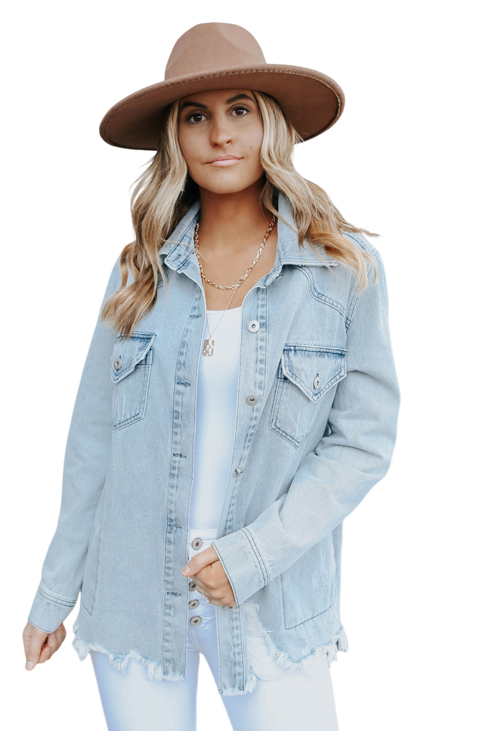 Sky Blue Flap Pocket Buttoned Raw Hem Denim Jacket Denim Jackets JT's Designer Fashion