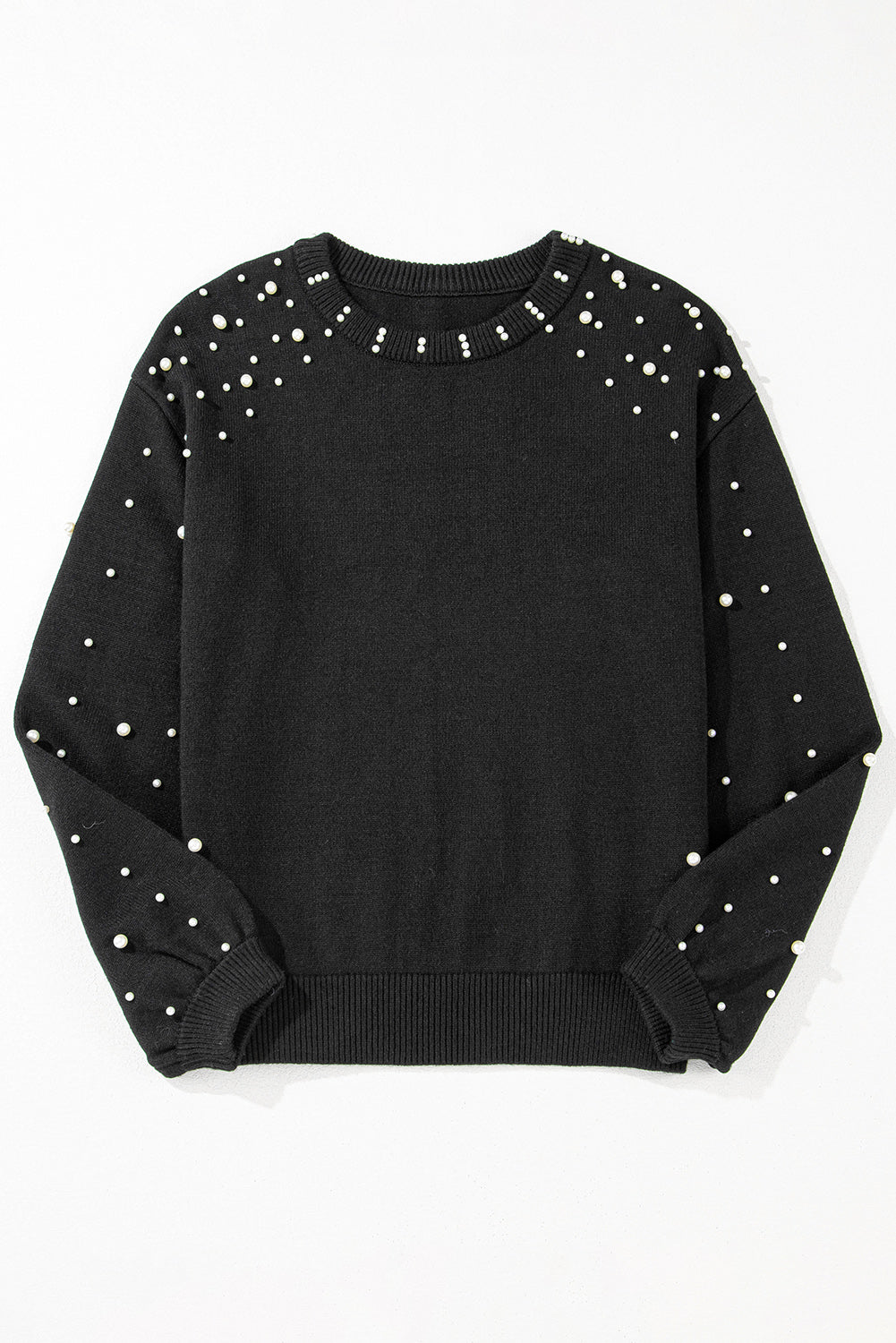 Black Pearled Drop Shoulder Round Neck Sweater Sweaters JT's Designer Fashion