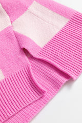 Pink Checkerboard Half Button Collared Drop Shoulder Sweater Sweaters JT's Designer Fashion